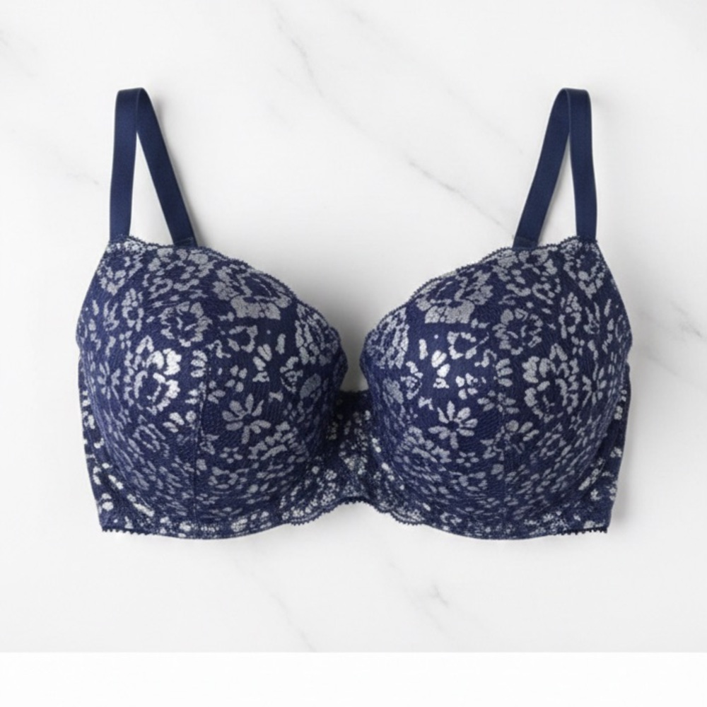 Victoria's Secret Dream Angels Blue Floral Lace Demi Bra Silver Foil Accents